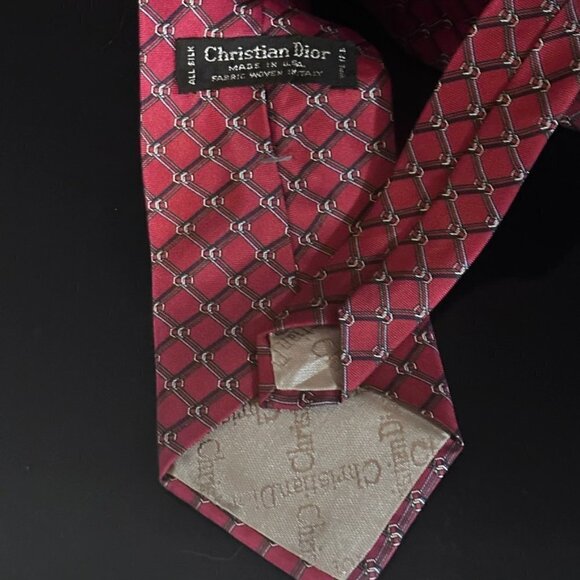 Dior Mid Century Modern Neckwear Tie 100% All Silk Red Fence Plaid Silver Gray - Picture 2 of 4